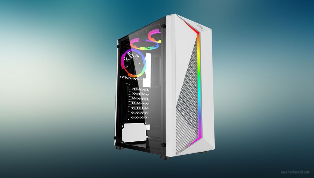 White gaming tower with a glass panel and lit components