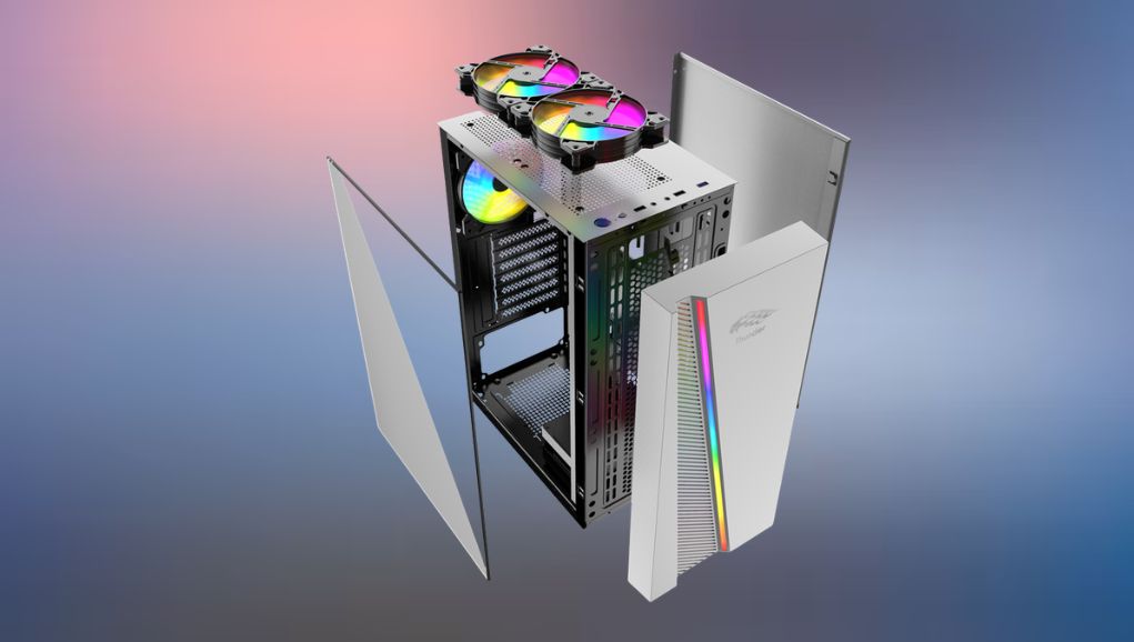 Interior of a white chassis with tidy cable management