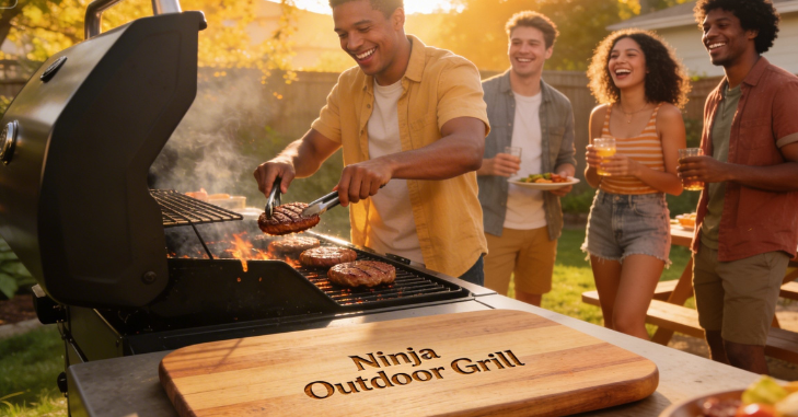 Compact electric outdoor grill set up on a garden patio