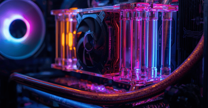Radiator and fans mounted inside a glass sided case