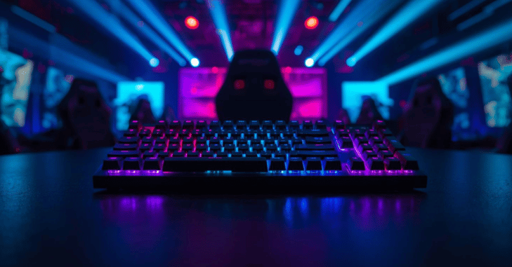 Backlit keycaps glowing across a mini mechanical keyboard