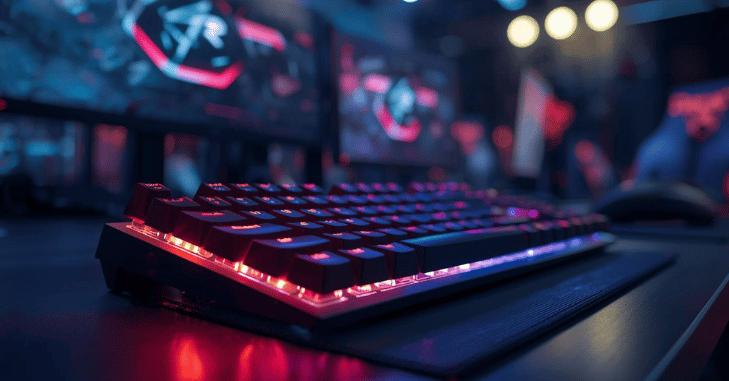 Keyboard paired with a gaming mouse and headset