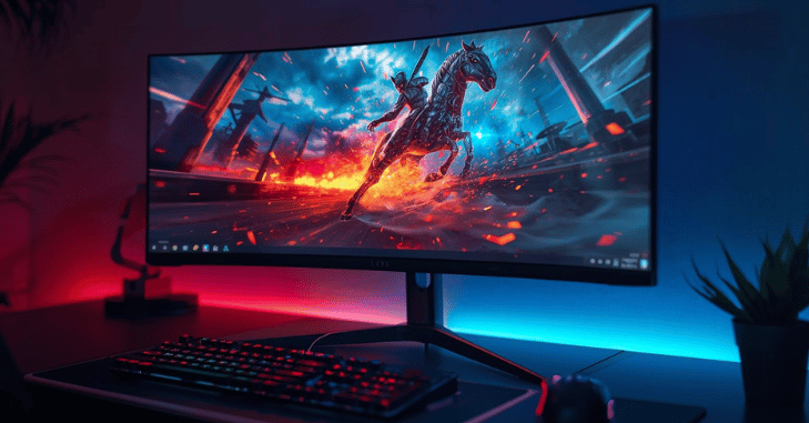 Height adjustable stand supporting a curved monitor