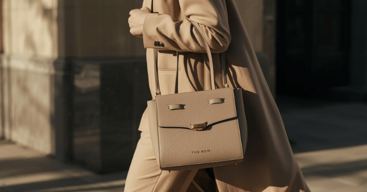 Neutral toned handbags displayed in a boutique window