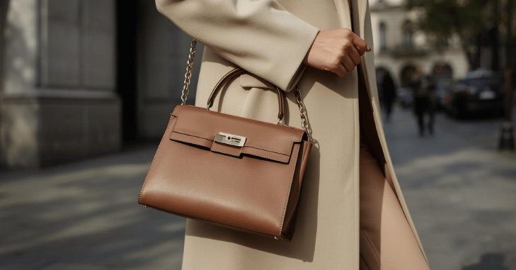 Structured leather tote resting on a minimalist table
