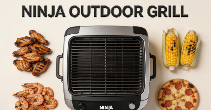 Family meal being served beside an outdoor electric grill