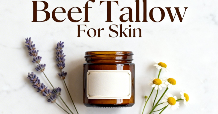 Jar of rendered beef tallow balm on a wooden surface