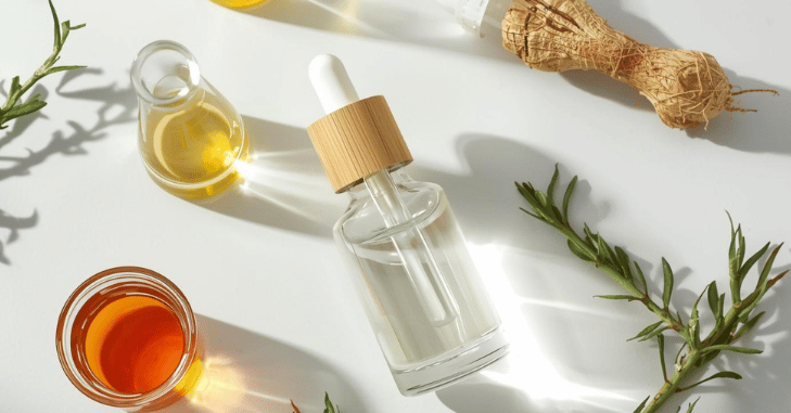 Brush and serum bottle laid out for an evening routine