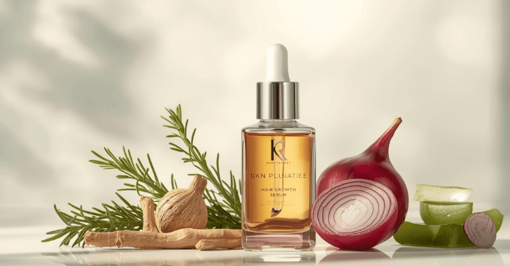 Range of hair growth serums arranged on a shelf