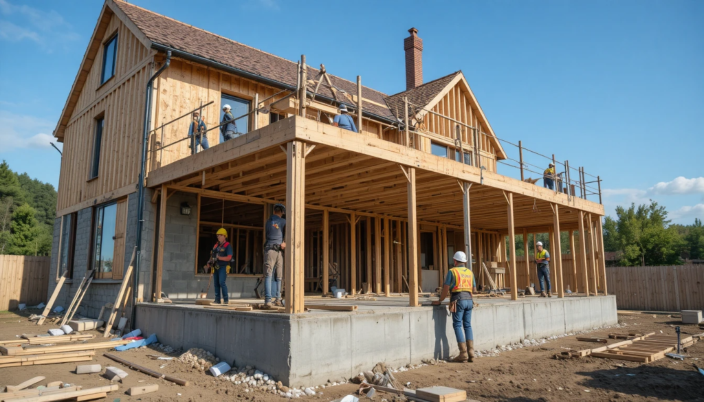 Builders working on a new extension frame and roof