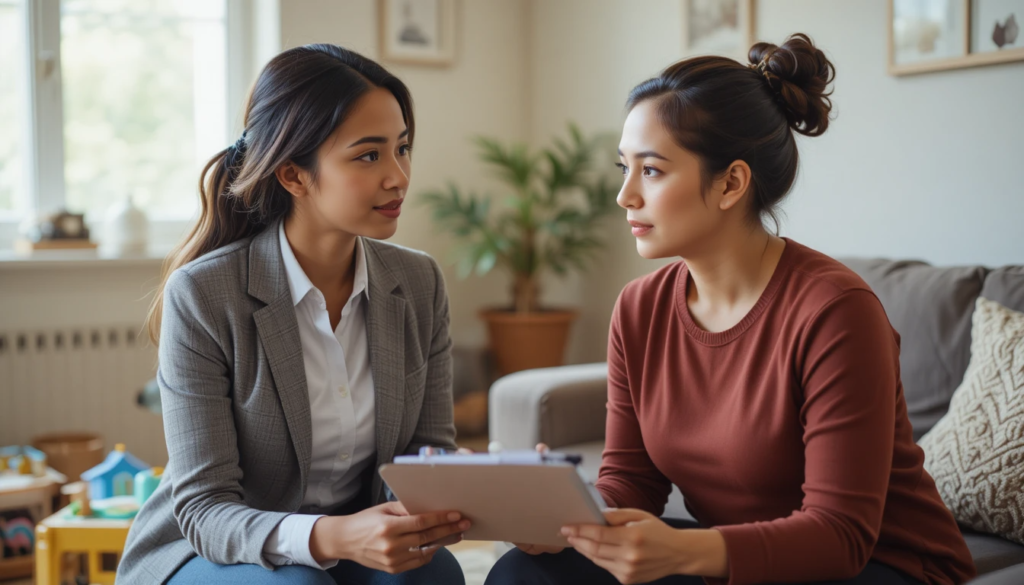 Social worker meeting a family in a support setting