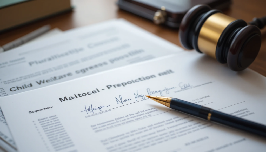 Solicitor advising a parent across an office desk