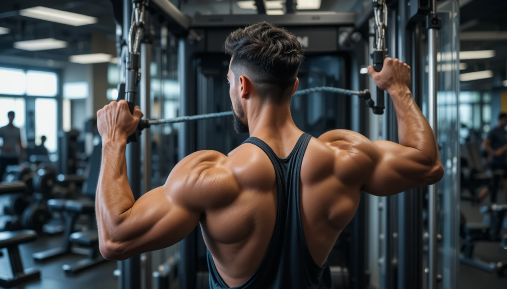 Athlete performing a cable face pull at a gym station