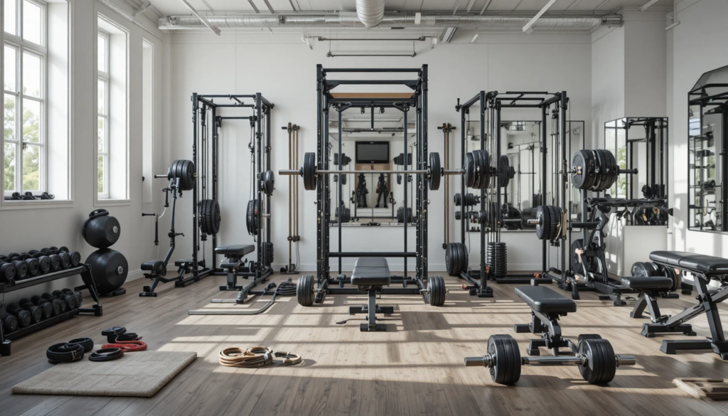 Barbell hip thrust performed at full lockout in a gym