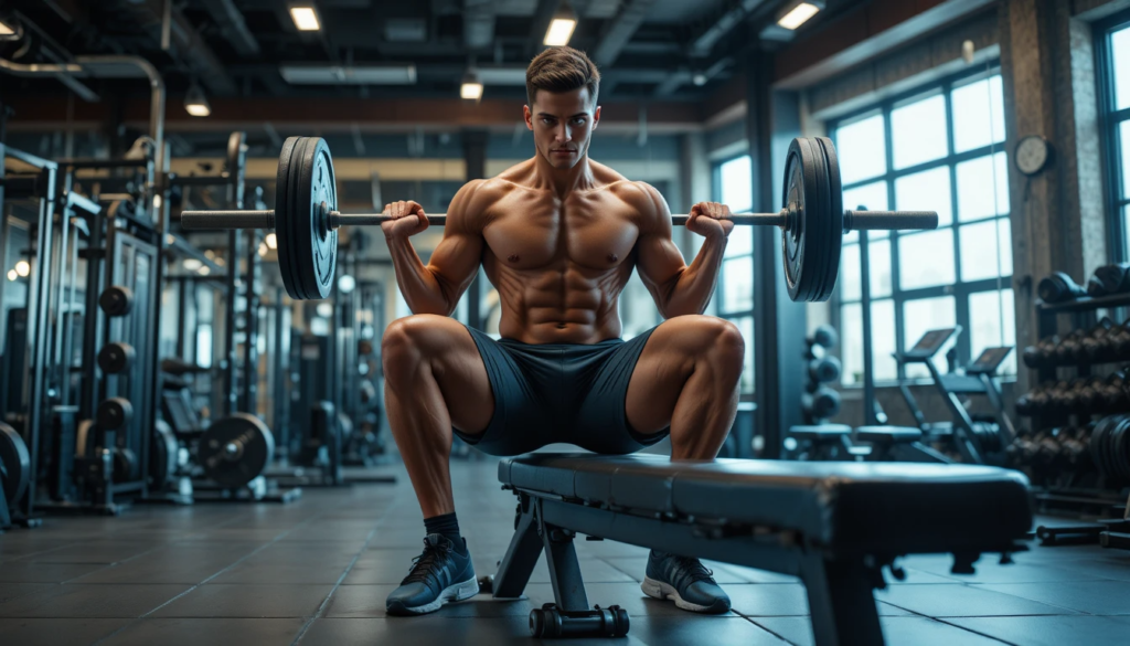 Lifter setting up for a barbell hip thrust on a bench