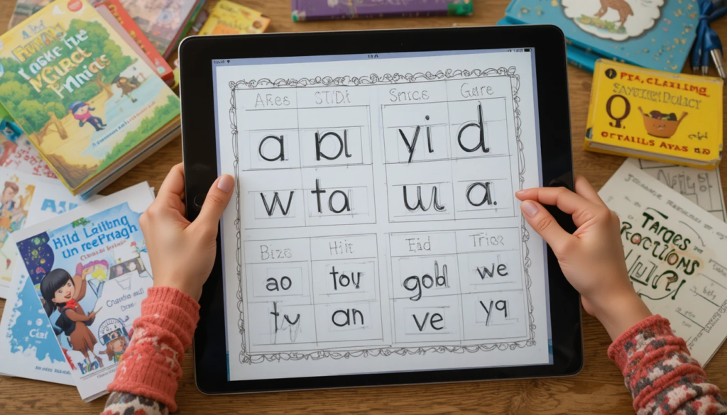 Pupil practising spelling patterns in an exercise book