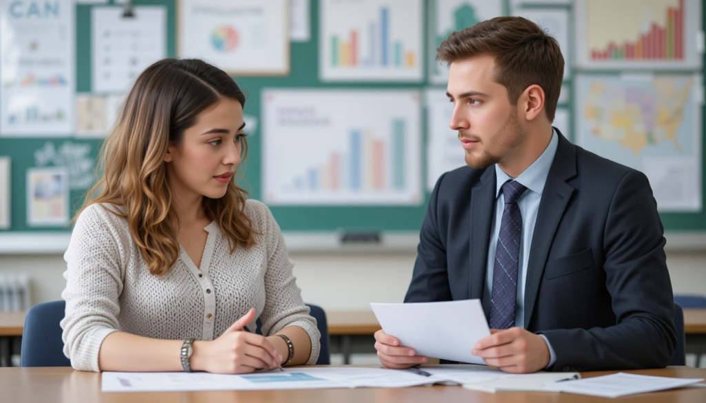 Staff room discussion about pay and career progression