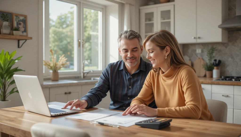 Homeowner reviewing mortgage renewal paperwork at a kitchen table