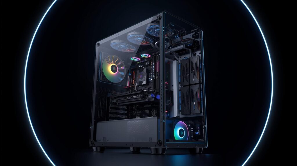 Cooling fans mounted along the top and side of a case
