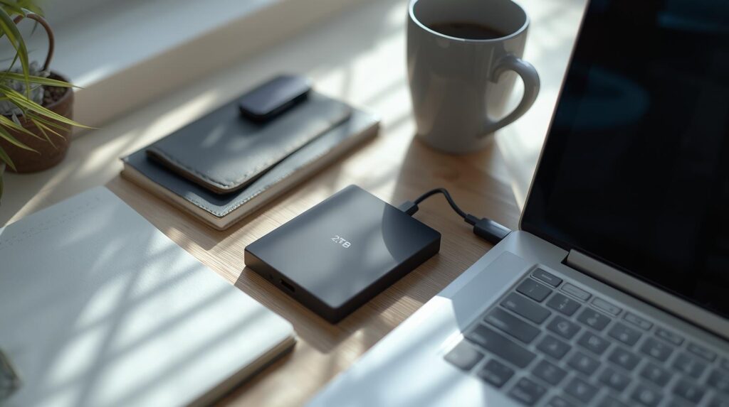 Home office desk setup with an external drive and notebook