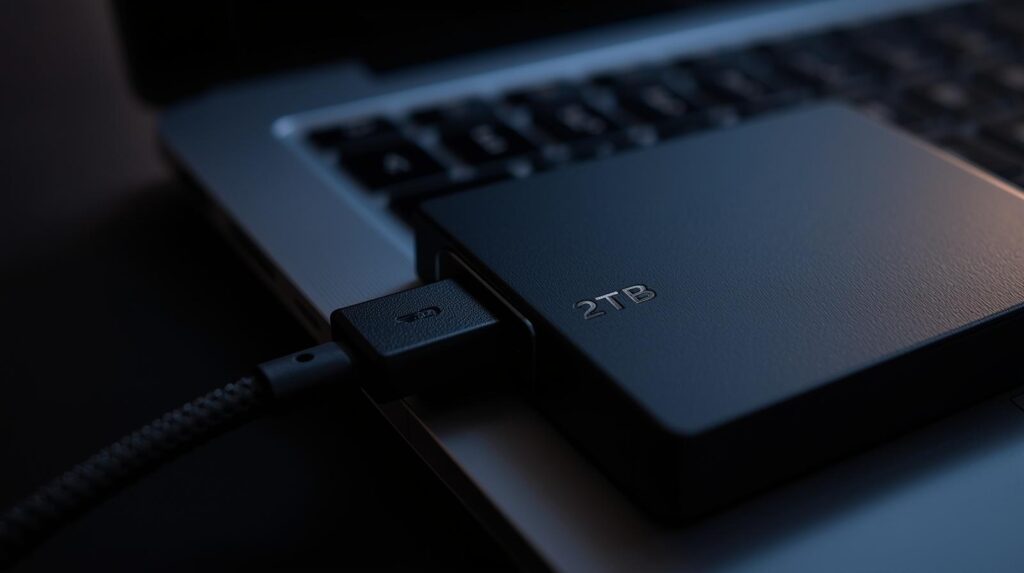Macro view of a USB-C cable plugged into a portable drive