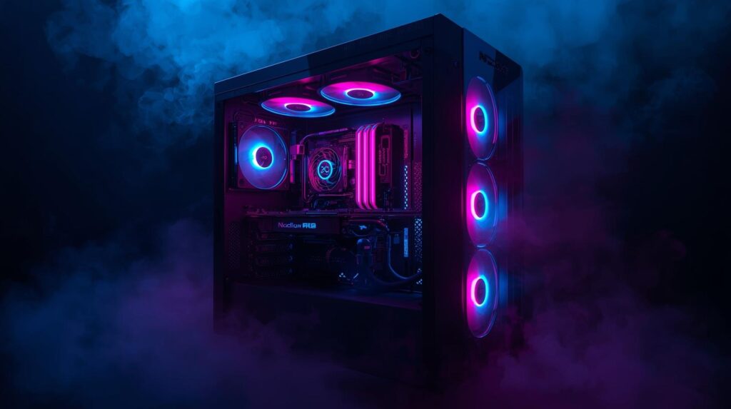 Completed build glowing inside a glass fronted chassis