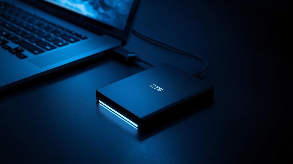 Portable drive on a desk lit by laptop screen glow