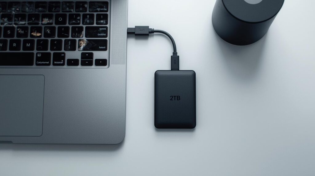 Hand holding a compact two terabyte portable hard drive