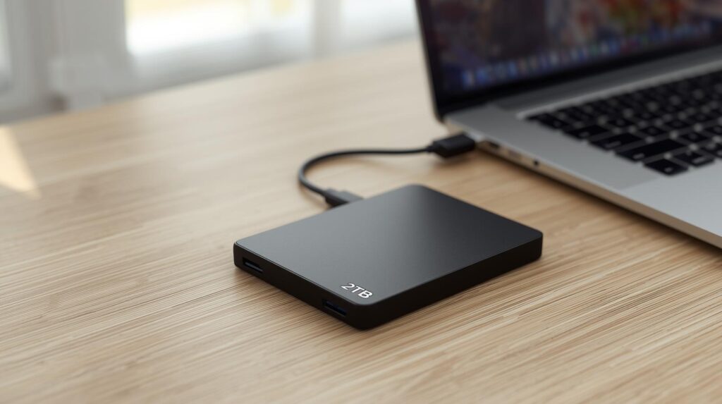 Slim external hard drive connected to a silver laptop