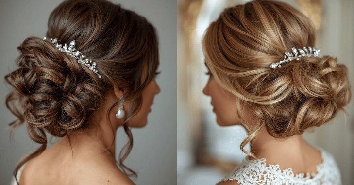 Bridal updo with soft curls pinned at the nape