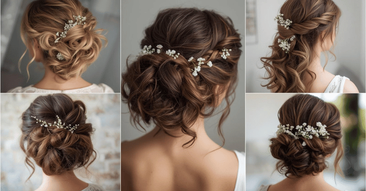 Curly hair paired with a floral crown and veil